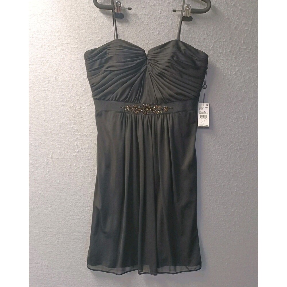 Adrianna Papell Sz 14 Black Ruched Beaded Chiffon Cocktail Dress Love Story